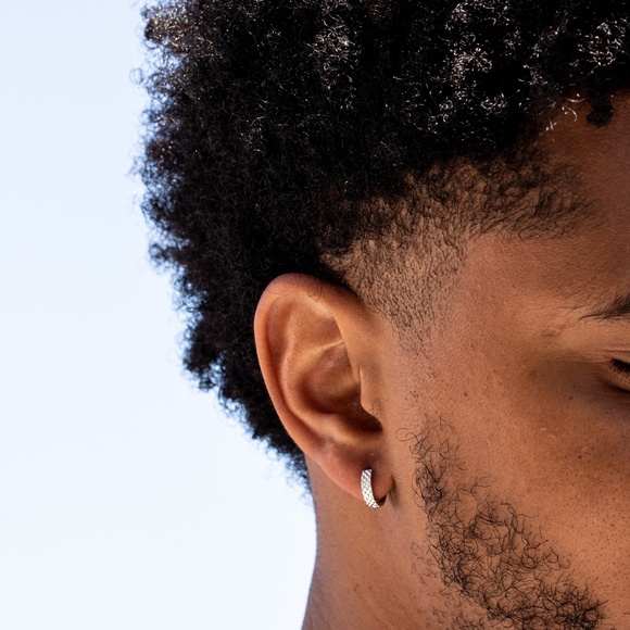 Solid White Gold Plated Sterling Silver Small Men's Diamond Cut Hoop Earrings - Picture 3 of 4